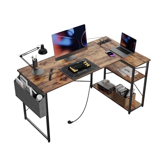 BEXEVUE Small L Shaped Desk with Power Outlets - 120x70 cm Corner Computer Desk Writing Table, Reversible Large Storage Shelves, Bookshelf Workstation for Study Play Work Bedroom Home Office Black 21 BEXEVUE Small L Shaped Desk with Power Outlets - 120x70 cm Corner Computer Desk Writing Table, Reversible Large Storage Shelves, Bookshelf Workstation for Study Play Work Bedroom Home Office Brown