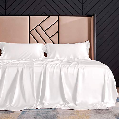 Thxsilk Silk Sheet Set 4 Pcs, 19 Momme 100% Top Grade Natural Mulberry Silk Bed Sheets, Luxury Bedding Sets -Ultra Soft Durable, 1 Fitted Sheet, 1 Flat Sheet And 2 Pillow Shams (Queen, White) #TOP1