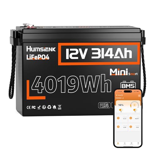 Humsienk Batterie LiFePO4 Bluetooth 12V 314Ah Mini, BMS 200A Intégré, 4,19 kWh, pour...