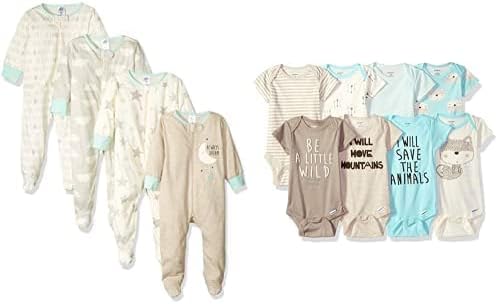 Gerber Baby Neutral 8-pack Short Sleeve Onesies and 4-Pack Sleep 'N Play Clothing Bundle, Elephants, 0-3M