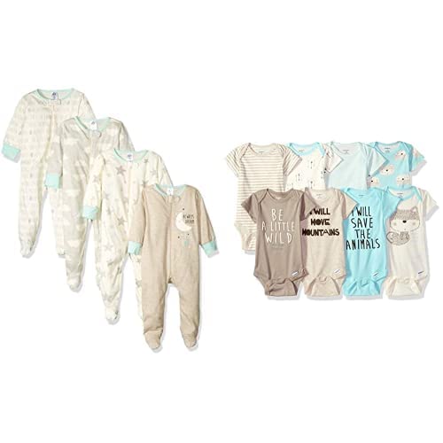 Baby Neutral 8-pack Short Sleeve Onesies and 4-Pack Sleep 'N Play Clothing Bundle, Elephants, 0-3M