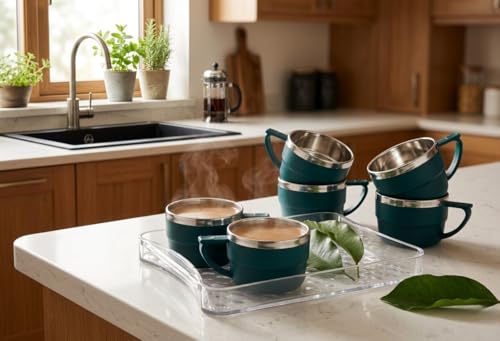 Image of HAPPI Tea Cups Set Coffee Mug Insulated Stainless Steel Inner Stylist Double Wall Cup for Home Office Restaurant Use Tea Mugs Set of 6 (Bottle Green)