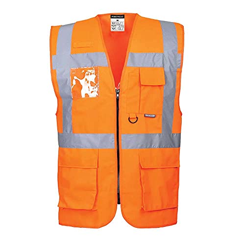 Portwest S476 Hi Vis Executive Safety Vest - Lightweight Reflective High Viz Outdoor Waistcoat Safety Security Workwear, Orange, XL