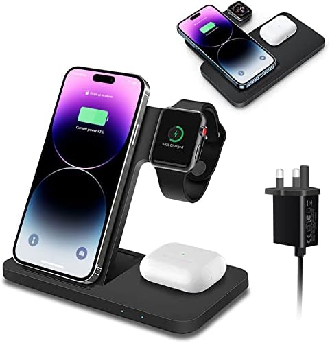 Wireless Charger, VNBBT Fast Wireless Charging Stand Dock 3 In 1 Foldable Charge Station Compatible with iPhone 14/13/12/11/Pro/Pro Max/XS/Xr/8 Plus, AirPods Pro/3/2, Apple Watch 8/7/6/5/4/3/2/SE