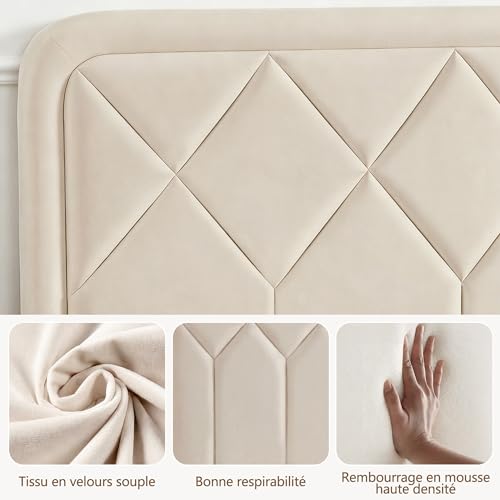 VECELO Cadre de Lit Double Rembourré 140x190 cm, Sommier Plateforme avec Tête de Lit Réglable, Support à Lattes en Bois Solide, Tissu en Velours Haut de Gamme, Facile à Assembler, Beige – vue 3