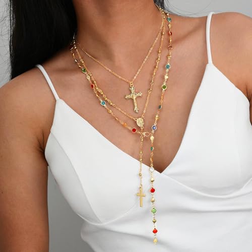 Image of SANNIDHI 3Pcs Necklace for Woman Gold Metal Cross Pendant Necklaces Layered Multi-colored Rhinestone Chain Stack Necklace Set for Women Stylish