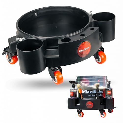 Maxshine Universal Rolling Bucket Dolly Black Heavy-Duty Polypropylene Car Wash Bucket Cart with 5 Swivel Wheels 5 Bottle & Brush Holders Spill-Free Auto Detailing Storage & Garage Organization
