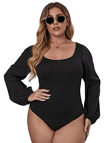 Wdirara Women's Plus Size Bishop Long Sleeve Scoop Neck Bodysuit Casual Tops Black 3Xl #TOP20