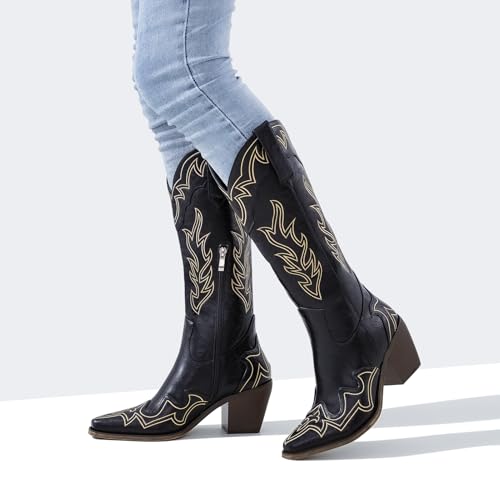 Image of ADAMUMU Womens Wide Calf Cowboy Boots Classic Western-Style Cowboys Boots for Women Pointed Toe Womens Cowgirl Boots with Chunky Heel Non-Slip Sole for Adding Timeless Elegance to Your Wardrobe