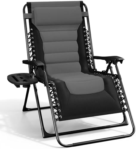 Nestl Outdoor Padded Zero Gravity Chair, Patio Lounge Chair Outdoor Recliner, Oversized Anti Gravity Lounger with Adjustable Headrest and Cup Holder, Foldable for Camping, Yard - Black/Grey