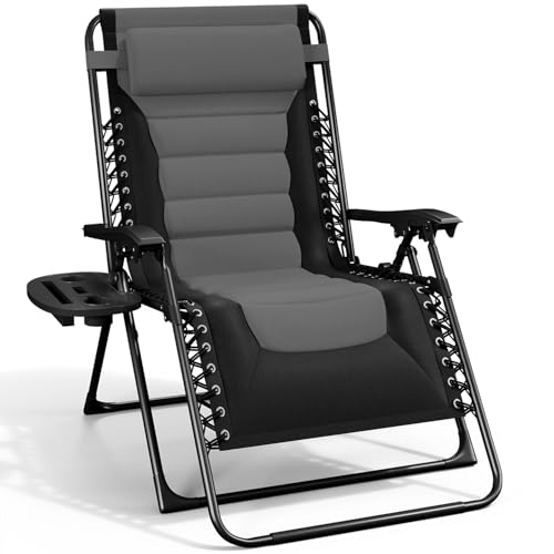 Nestl Outdoor Padded Zero Gravity Chair, Patio Lounge Chair Outdoor Recliner, Oversized Anti Gravity Lounger with Adjustable Headrest and Cup Holder, Foldable for Camping, Yard - Black/Grey