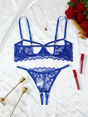 Image of Lilosy Sexy Underwire Floral Lace Sheer Lingerie Set for Women See Through Bra and Panty 2 Piece