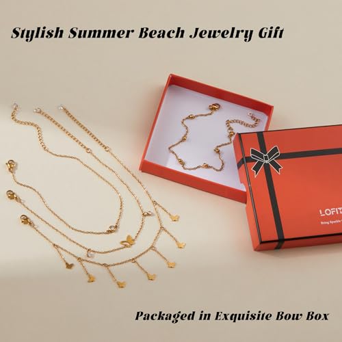 LOFITOR Waterproof Gold Anklet Bracelet Set for Women - Dainty Charm Link Chains with CZ Evil Eye, Star, and Pearl Beads - Adjustable Beach Jewelry - Image 5