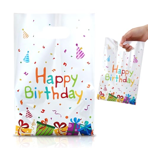 25 bolsas de regalo para cumpleaños, bolsas de caramelos a granel para fiestas de cumpleaños infantiles, bolsas de regalo de plástico adecuadas para fiestas de cumpleaños (dimensiones: 25 x 16,5 cm).