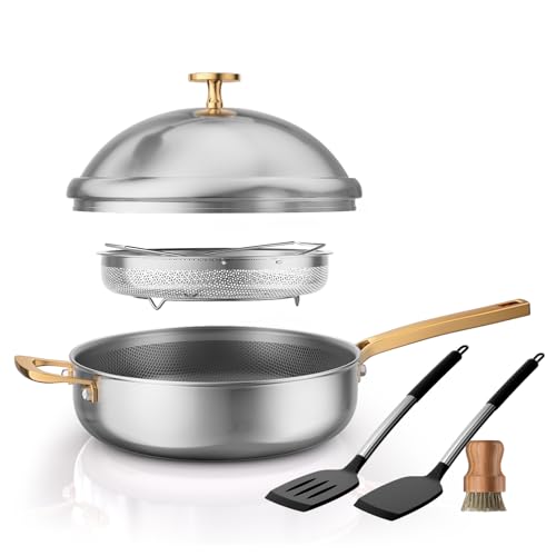 FogDream Titanium Non Stick Frying Pan, 10in Tri-Ply Stainless Steel Deep Saute Pan, All-in-One Cookware Set with Stainless Lid, Stay Cool Handle, Dishwasher & Oven-Safe,Induction Compatible