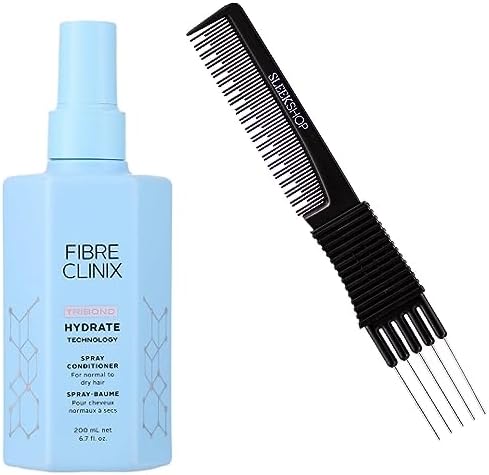 Sleekshop FIBRE CLINIX Hydrating Spray Conditioner (6.7 oz) for Normal to Dry Hair - Tribond Technology for Hair Repair, Sealed Ends (with Premium Carbon Teasing Comb)