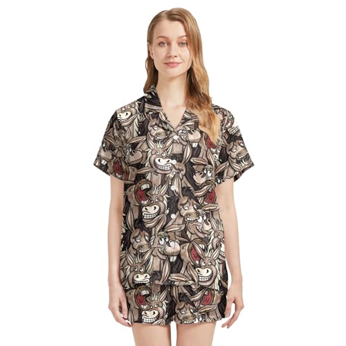Image of Funny Pajamas for Women Set Print Satin Loungewear Pjs Short Sleeve Button Down Top and Shorts Sets Sleepwear XS-3XL