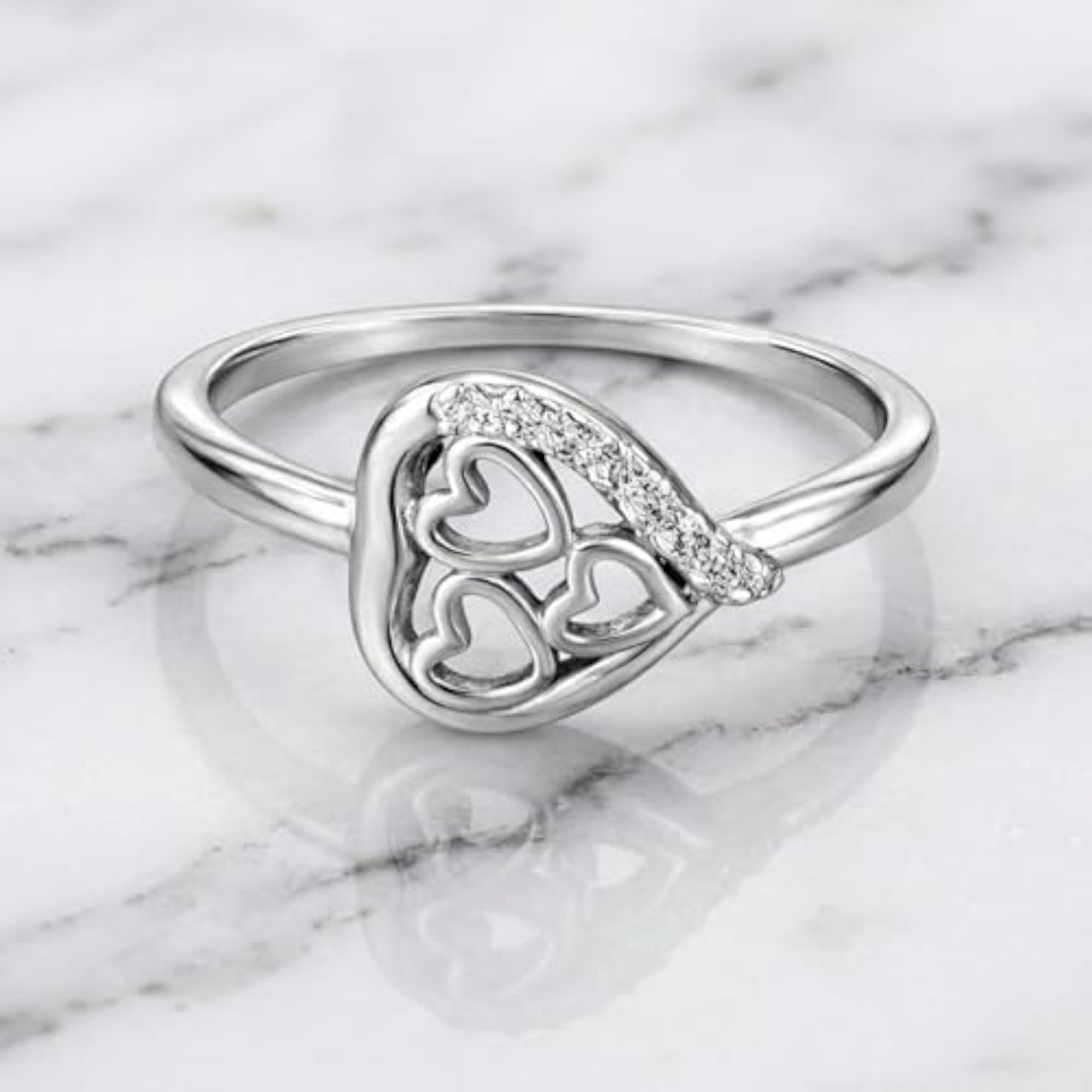 Women's Elegant Silver Heart Design CZ Studded Adjustable Ring