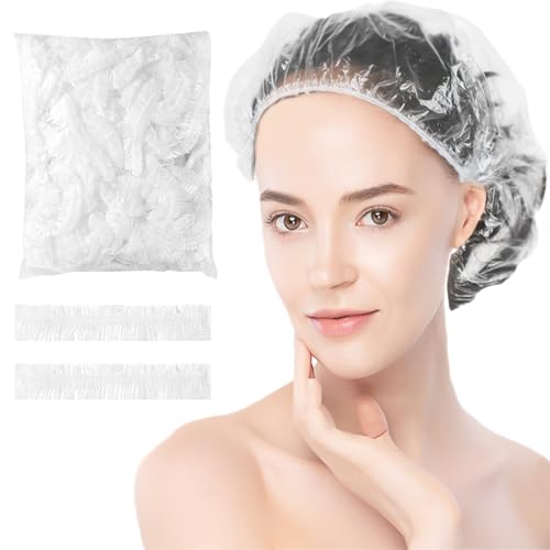 GGUFAY 100 PCS Gorros de Ducha Desechable, Elásticos Gorros de Ducha de Plastico Transparente,Gorro de Ducha Desechable de Plástico Impermeable, para Uso en el Hogar,hotel,Spa y Peluquería