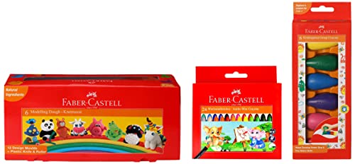 Image of Faber-Castell Modelling Dough (Pack of 6), Jumbo Wax Crayons (24 Shades), and Kindergarten Grasp Crayons (Pack of 6, Assorted)