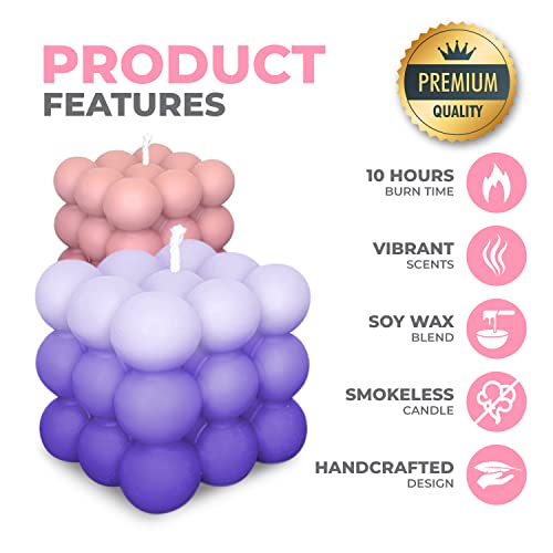 Soy Wax Scented Bubble Candle - Pastel Cube Square Aesthestic Indoor/Outdoor Decor For Bedroom, Dorm, Bathroom, Home - Scented Candle Set Of 2 Pieces For Gifting, Decorating, And Use (Purple Pink) #TOP2