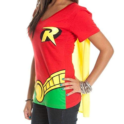 DC Comics Robin Glitter Logo Juniors Costume Cosplay Cape T-Shirt Tee Shirt Batman (Large) Red