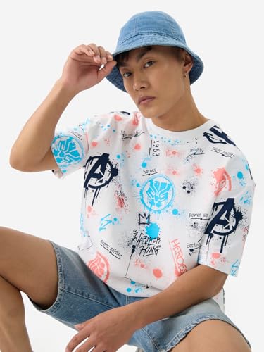 Image of The Souled Store Official Marvel: Creative Chaos Men and Boys Short Sleeves Round Neck Multicolor All Over Printed Cotton Oversized T-Shirts