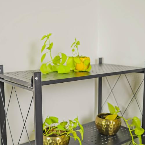 Image of Wooden Street Crisscross 4-Layer Foldable Storage Trolley with Wheels | Multipurpose Metal Rack for Home | Premium Rolling Cart Stand for Spices, Crockery & Planters | Durable & Space-Saving | Black