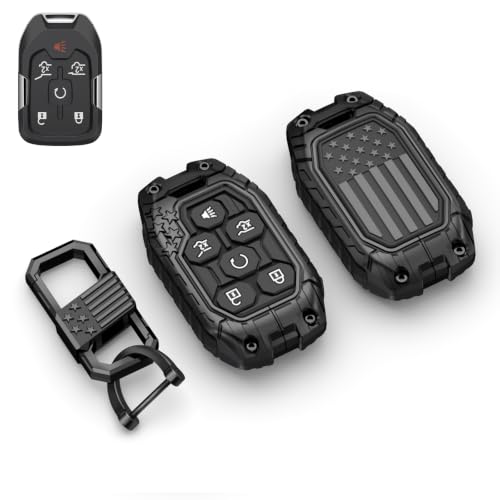 USA Flag-Inspired Heavy Duty Zinc Alloy Key Fob Cover, Accessories Compatible with Chevy Suburban Tahoe GMC Yukon 2015 2016 2017 2018 2019 2020 (6 Buttons)
