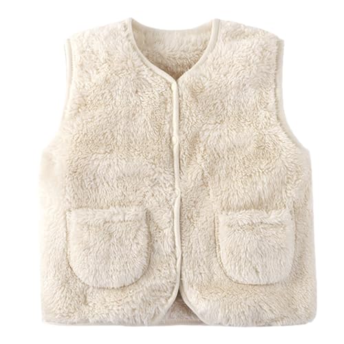 Image of NSQFKALL Baby Toddler Little Girls Fuzzy Vest Sleeveless V Neck Buttons Down Fleece Winter Warm Outwear with Pockets (Beige, 6-12 Months)