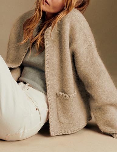 Ziqoty Womens Knit Cardigan Braided Sweaters Trim Open Front Sweater with Pockets Oversized Casual Outerwear Fall Winter(Khaki-M) — view 5