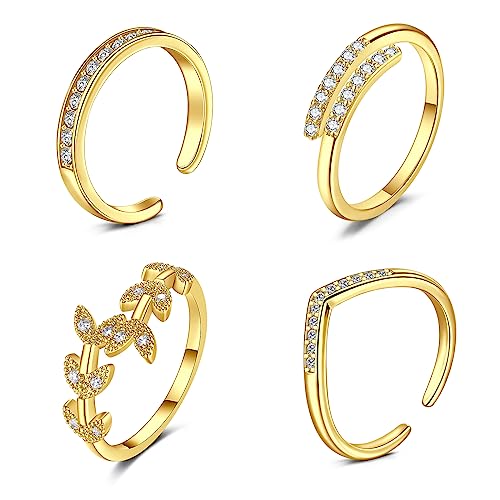 JFORYOU 4Pcs CZ Toe Rings for Women,Golden Color Adjustable Classic Circle Type Cubic Zirconia Band Open Toe Ring Beach Foot Jewelry