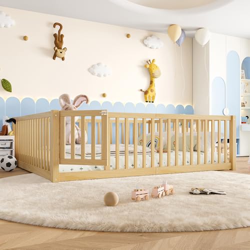 Image of Bellemave Queen Size Kids Montessori Floor Bed with Door,Solid Wood Floor Bed Frame with High Fence for Girls,Boys,Natural