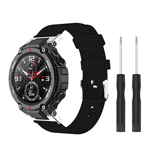 Fitturn Replacement Canvas Watch Band Strap Wristbands Bracelet Accessories With Install Tools Compatible With Amazfit T-Rex A1918,T-Rex Pro Smartwatch (Black) #TOP15