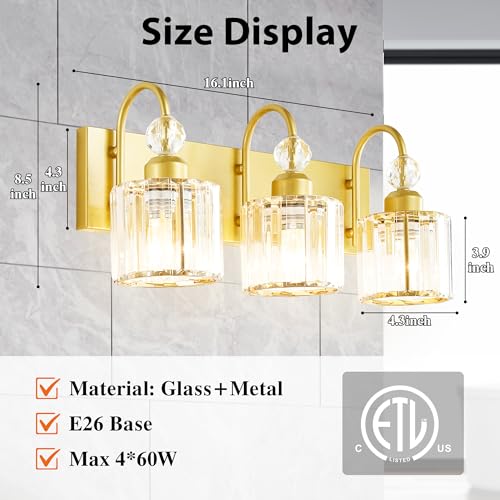 Bathroom Vanity Light Fixtures Over Mirror - Makeup Lighting Pure Gold - for Modern Wall, Bath, Desk, Farmhouse, Hallway 3 Crystal Lights by DIAMONDFORGE - Image 3