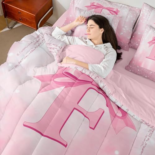Image of Feelyou Kids Pink Bowknot Comforter Set with Sheets Queen Size, Personalized Initial F 7 Pieces Bedding Set Boys Girls Princess Glitter Bed in A Bag Bow Alphabet Teens Bed Set Bedroom Decor 7Pcs