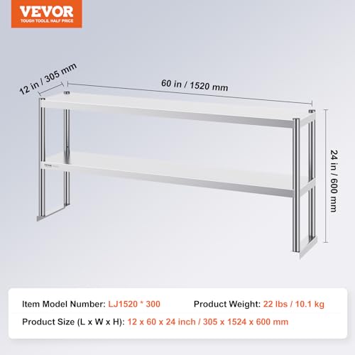 VEVOR Stainless Steel Overshelf, 12 x 60 Inch Double Deck Height Adjustable Prep Work Table for Kitchen, Restaurant and Workshop by VEVOR - Image 7