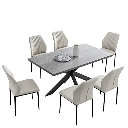 Expandable Dining Table Set For 6-8 Seat, Rectangular Modern Kitchen Thicker Top, 6 Faux Leather Dining Chairs And Non-Slip Pad, Extendable 63'' To 79'' With Extension Leaf For Kitchen Restaurant #TOP7