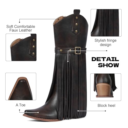 Grakihily Fringe Cowgirl Boots for Women Retro Square Toe Side Zipper Block Chunky Heel Tassel Country Concert Outfits Mid Calf Western Cowboy Boots,Brown Size 7.5 — view 5
