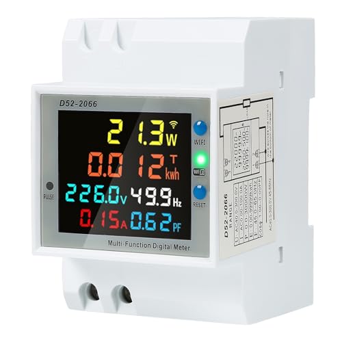 DewinLVD Compteur D'électricité Rail Chapeau 6 en 1, WiFi Compteur D'énergie Numérique 1 Phase 2 Conducteurs avec écran LCD Voltmètre Ampèremètre Numérique pour Rail DIN Compteur KWh AC40-300V 100A
