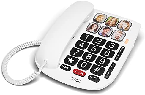 SMPL Hands-Free Dial Photo Memory Corded Phone, One-Touch Dialing, 3-Level Permanent Volume Adjust, Large Buttons, Flashing, Perfect for Seniors, Alzheimer's, Dementia (White - 6 - Enhanced Headset)