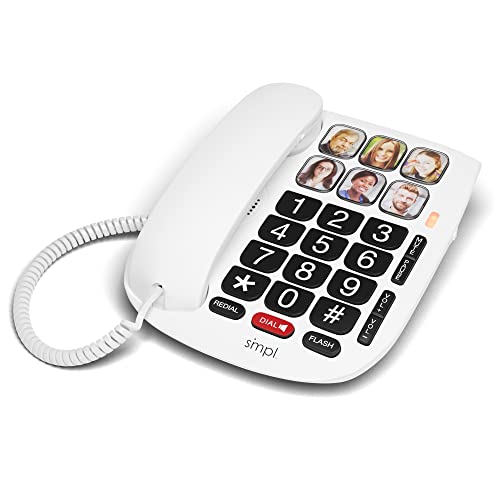 Smpl Hands-Free Dial Photo Memory Corded Phone, One-Touch Dialing, 3-Level Permanent Volume Adjust, Large Buttons, Flashing, Perfect For Seniors, Alzheimer's, Dementia (White - 6 - Enhanced Headset) #TOP2