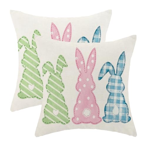OFIRD Easter Pillow Covers 18x18 Pack of Cute Colorful Bunny Throw Pillow Covers Outdoor Decoration Spring Decor Pink Blue Green Rabbit Pillowcase Farmhouse Decorative Cushion Case for Couch Sofa