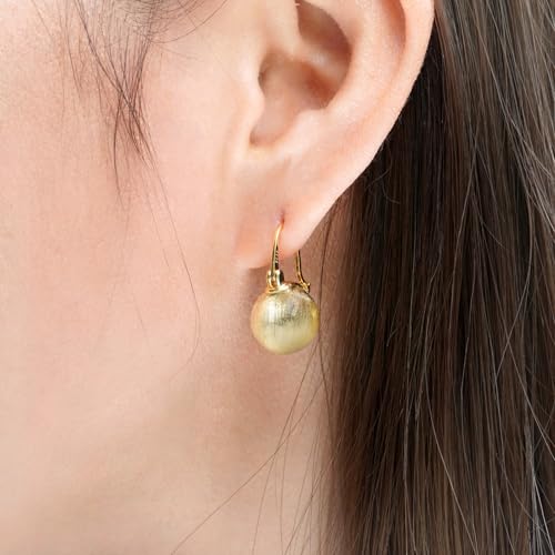 OwMell Elegant 12mm Gold Pearl Drop Earrings - Sterling Silver Dangle Studs for Women, Unique Brushed Finish - Image 2