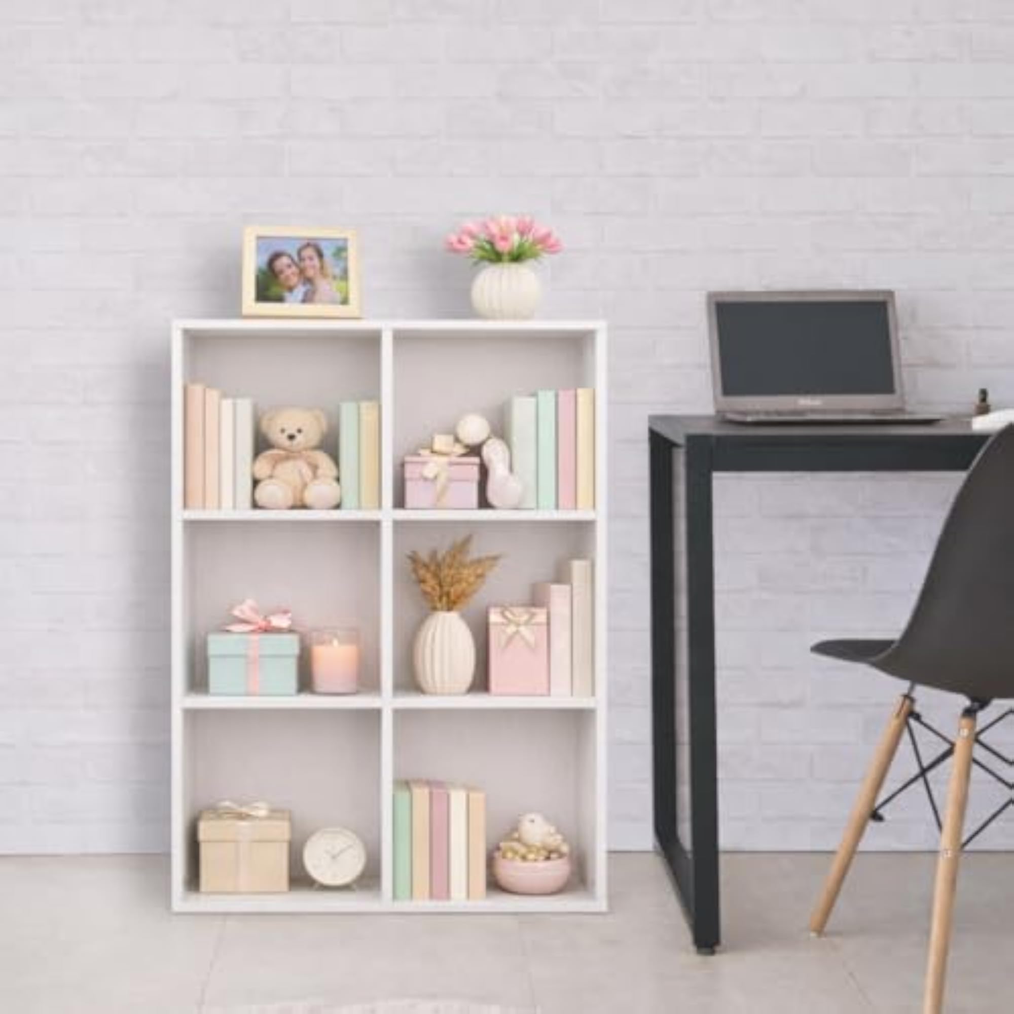 Multi-Layer Single Column Slim Wooden Library Shelf
