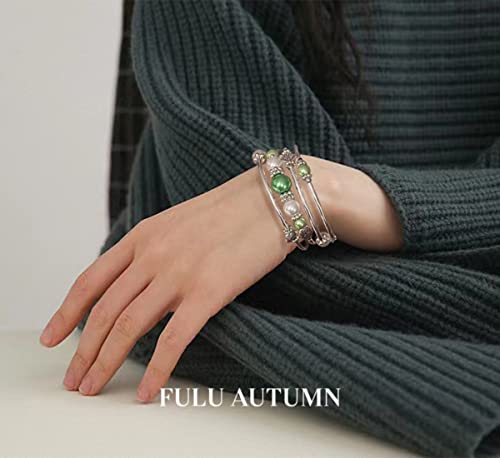 Fulu Autumn Beaded Pearl Bangle Bracelets For Women Silver Wrap Bangles Bracelet Womens Costume Jewelry Fashion Gift(Green) #TOP3