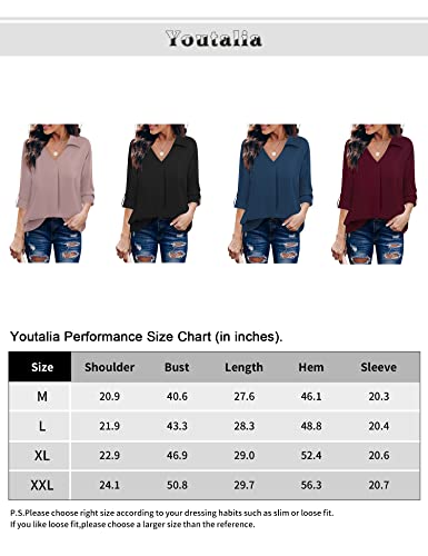 Youtalia Women Tunic Blouses For Work, Juniors Pleated Shirts Roll Sleeve V Neck Formal Professional Blouse Casual Work Blouses Relaxed Fit Chiffon Shirts Collared Tops Dark Red,Xx-Large #TOP5