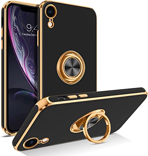 Apple iPhone XR Silicone Case with Ring Holder 360° Kickstand for Magnetic Car Mount - Shockproof Protective Bumper Cover - Black