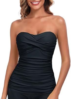 Women's Black Ruched Bandeau Tankini Top – Large Size Swimwear