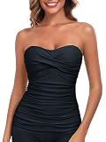 RELLECIGA Women's Black Ruched Bandeau Tankini Top Swimsuits...